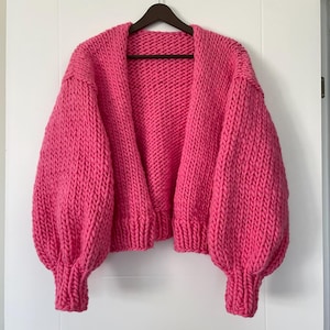 Handmade Chunky Knit Wool Cardigan - Hot Pink