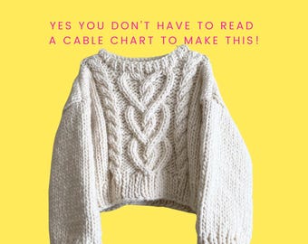 Heart Cable Chunky Sweater Knitting Pattern PDF