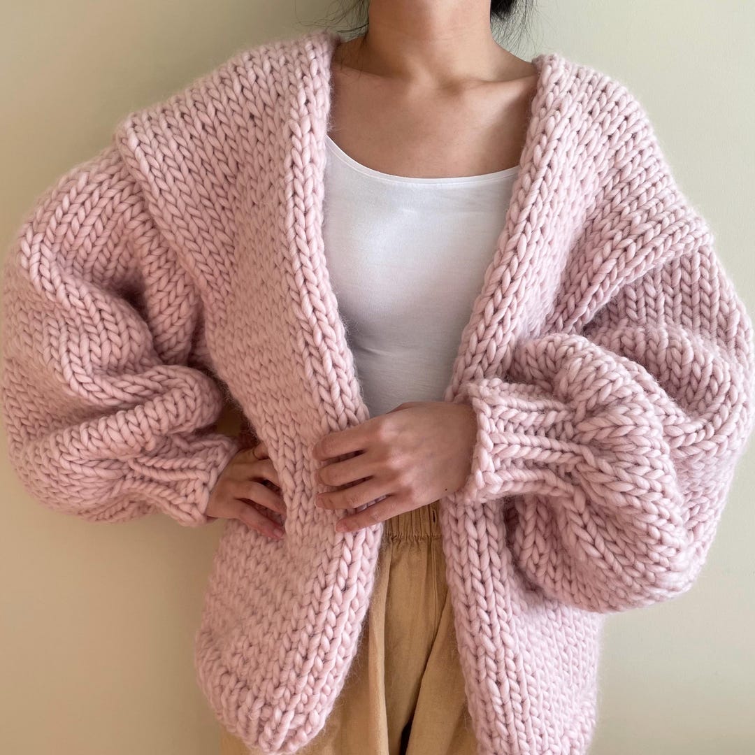 Buy Hand Knit Chunky Wool Cardigan: Soft Pastel Pink Sweater Online in  India
