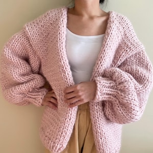 Hand Knit, Chunky Wool Cardigan, Soft Wool Sweater, Cozy Minimal Knitwear, Chunky Wool Sweater,  Pastel Pink Cardigan, Gift for her