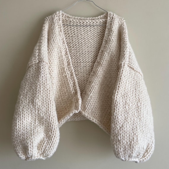 Hand Knit Chunky Wool Cardigan: Oversized Balloon Sleeve Sweater
