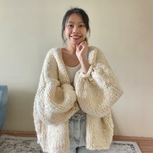 Oversized Chunky Cardigan, Wool Sweater, Hand Knit Cardigan, Balloon Sleeve, Gift for her