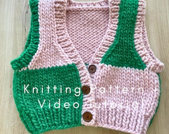 Color Block Button-Up Chunky Vest Knitting Pattern PDF with Video Tutorial