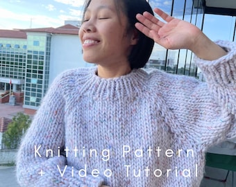 Top Down Chunky Raglan Sweater Knitting Pattern PDF with Video