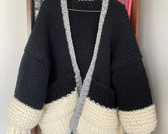 Oversized Color Block Cardigan, Hand Knit Chunky Wool Sweater, Pocket Cardigan
