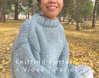 Ribbed Collar Chunky Sweater Knitting Pattern PDF with Video