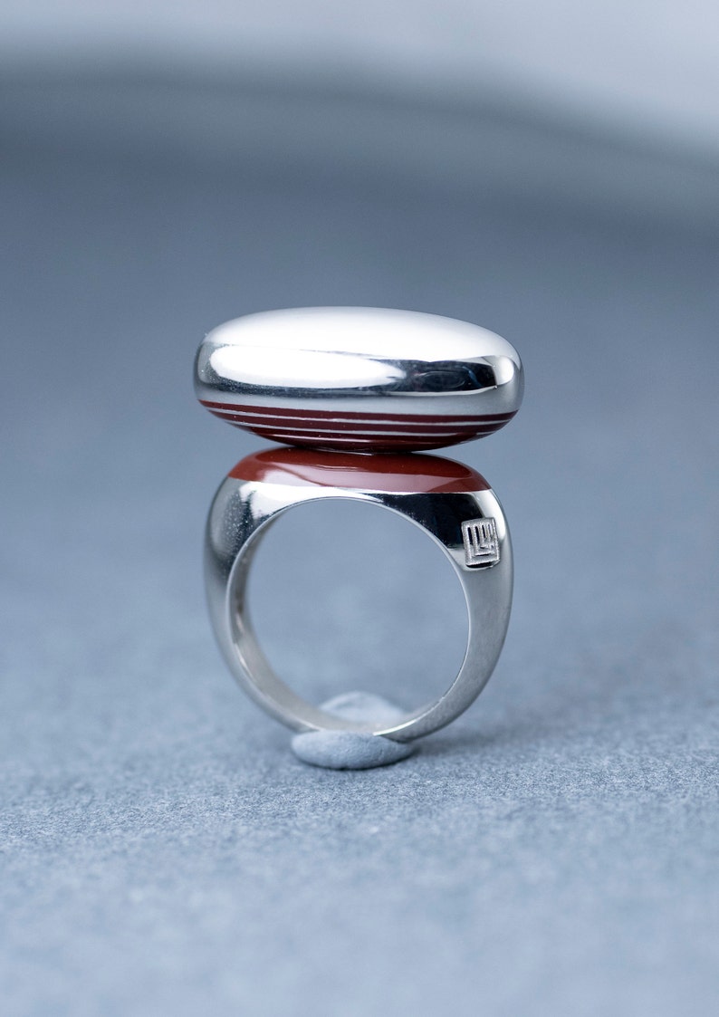 Silver Ring, Enamel Ring, Red Enamel Ring, Minimalist Ring, Balanced Ring, Unique Design, Statement Ring, Gift for Her image 2