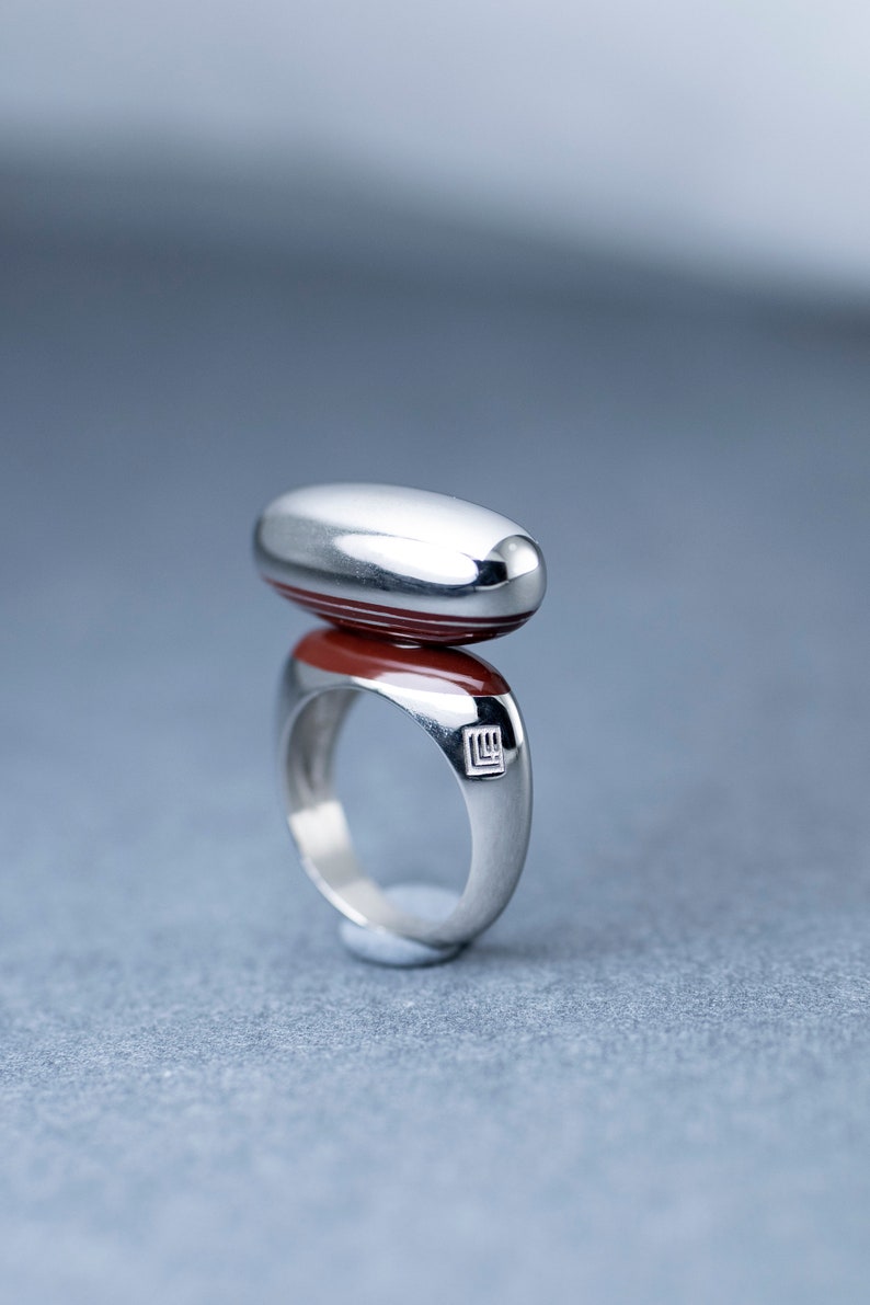 Silver Ring, Enamel Ring, Red Enamel Ring, Minimalist Ring, Balanced Ring, Unique Design, Statement Ring, Gift for Her image 5