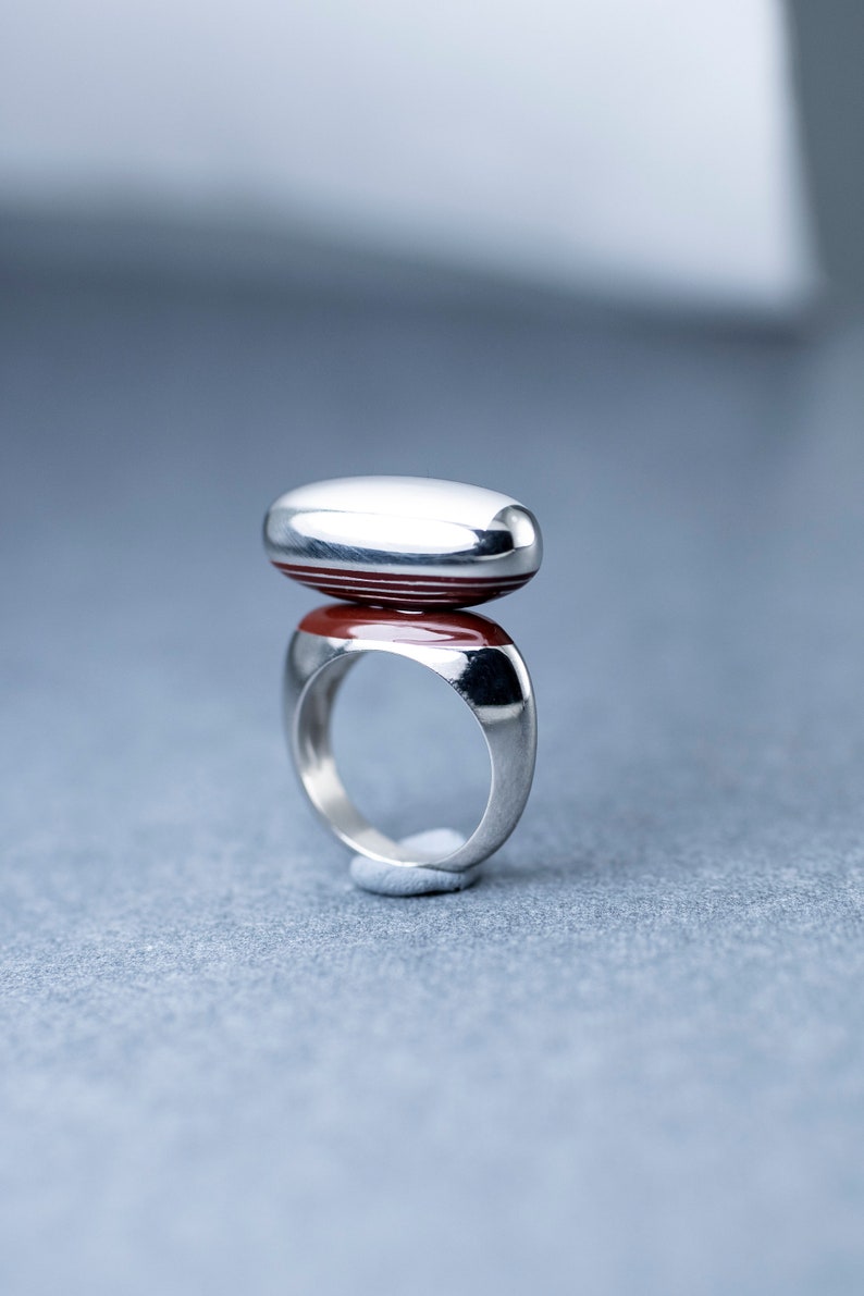 Silver Ring, Enamel Ring, Red Enamel Ring, Minimalist Ring, Balanced Ring, Unique Design, Statement Ring, Gift for Her image 7