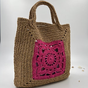 Papierseil gestrickte Handtasche, gehäkelte Einkaufstasche, rosa Handtaschen für Frauen
