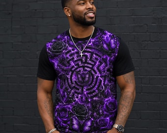Purple Flame Butterfly Maze Shirt for Men | Gothic Streetwear Tee with Purple Roses, Violet Butterflies & Maze Art Men's t-shirt