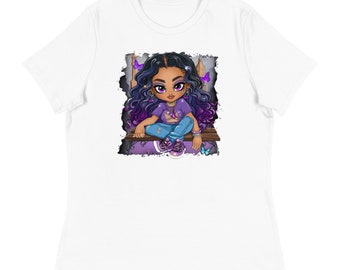 May include: A white t-shirt with a graphic of a cartoon girl with purple hair and blue jeans sitting on a bench. The girl has purple butterfly wings and is wearing purple sneakers.