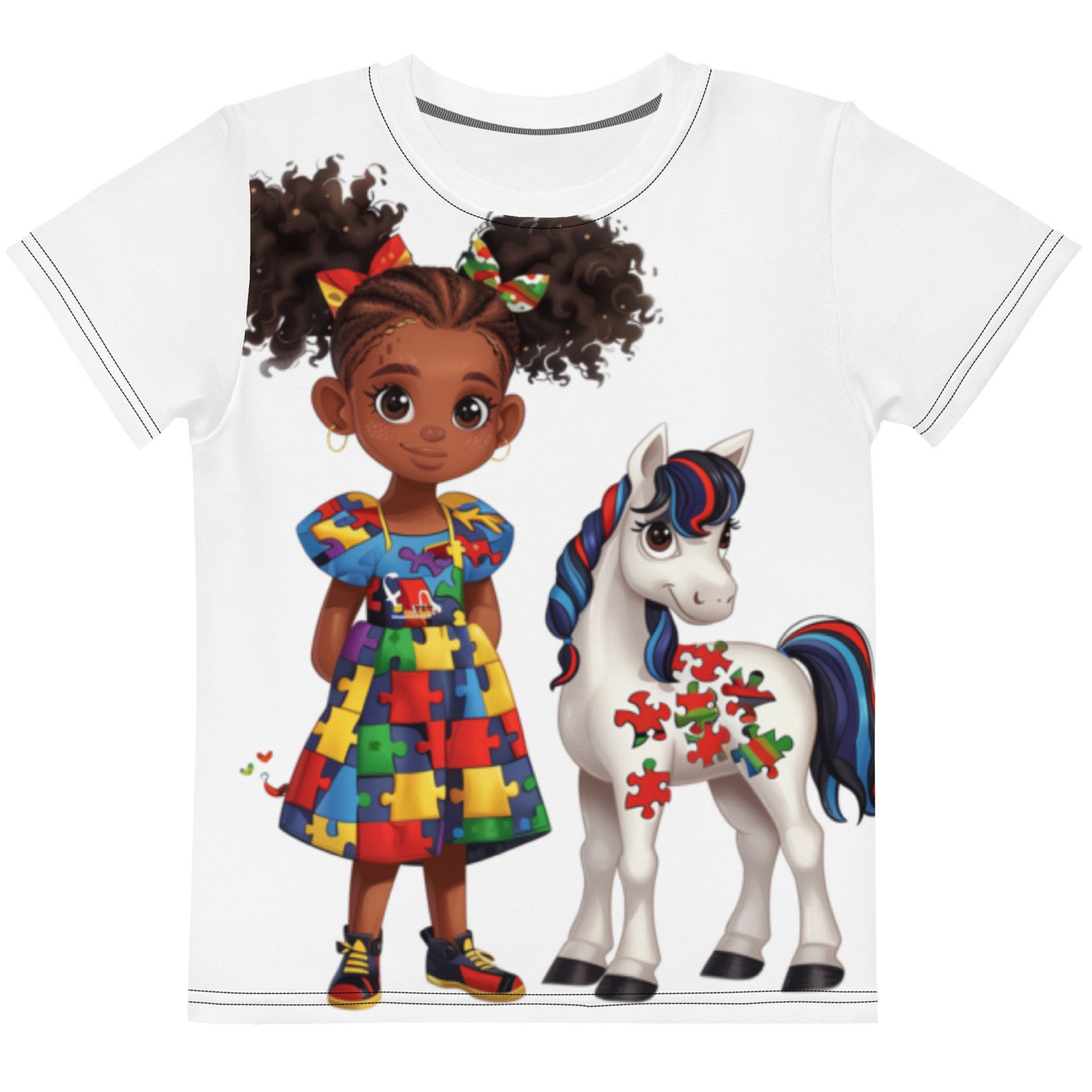 A Girl an Her Pony With Autism Awareness Colors Kids Crew Neck T-shirt ...