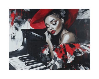 Puede incluir: Impresión en lienzo de una mujer con sombrero y vestido rojos, apoyada en un piano. La obra de arte presenta un piano en blanco y negro con teclas, y la mujer tiene lápiz labial rojo y un sombrero a juego. El fondo tiene pinceladas abstractas.