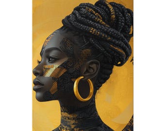May include: Canvas art print featuring a profile of a Black woman with intricate gold and black patterns on her face and neck. She wears large gold hoop earrings and has her hair styled in a braided updo. The background is a solid yellow.