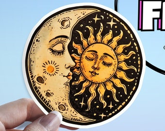 Sun and Moon Sticker: Celestial Kiss Vintage Eclipse Waterproof Night Sky Sticker - Perfect Laptop, Kindle, Journals, and Water Bottle Decor