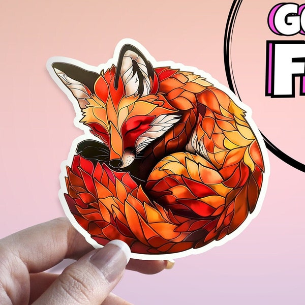 Sleeping Fox Sticker: Stained Glass Red Fox, Waterproof Animal Sticker - Perfect Decor for Laptops, Kindle, iPad, Journals and Water Bottle