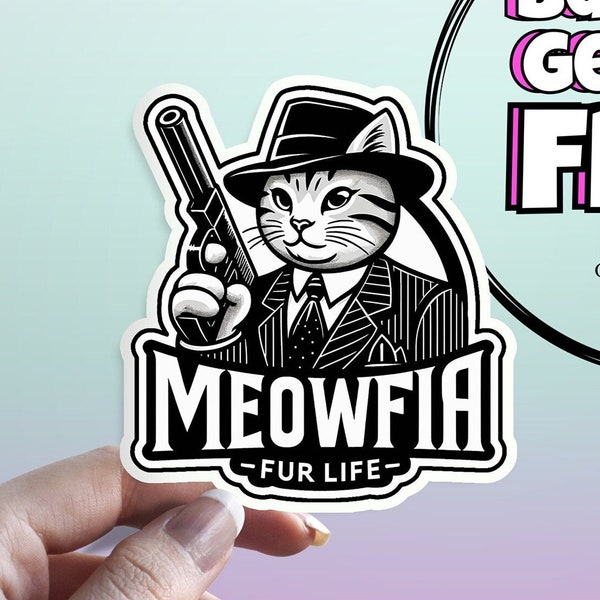 Meowfia Sticker: Gangster Cat, Funny Mafia Fur Life Waterproof Sticker - Perfect Cute Decor for Laptops, Kindle, Journals, and Water Bottles