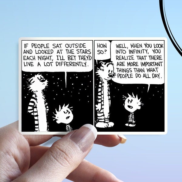 Infinity Sticker - Calvin and Hobbes Star Gazing Waterproof Sticker, Ponder the Stars Perfect Decal for Laptops, Journals, and Water Bottles