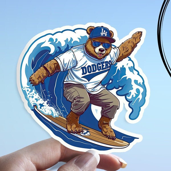 LA Dodgers Sticker: Surfing Bear Mascot Los Angeles Baseball Waterproof Sticker - Perfect for Laptops, Kindles, Journals, and Water Bottles