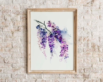 紫の藤の花 | 抽象的な水彩画 | 印刷可能な壁アート | すぐにダウンロード | 植物 | 花柄