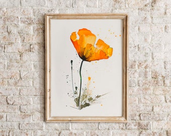 Goldener Kalifornischer Mohn | Abstraktes Aquarell | Druckbare Wandkunst | Sofort Download | Botanisch | Blumen