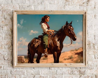 Cuadro vintage de vaquera a caballo / Arte rústico del Oeste (Descarga digital)