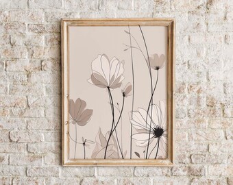 Erdfarben Blumenlinie Kunstdruck | Vintage Botanische Dekoration (Herunterladbar)
