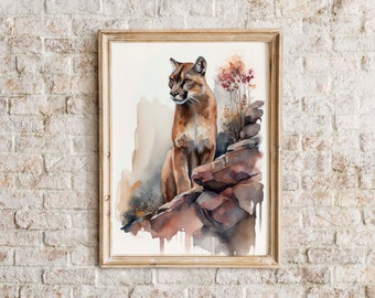 Puede incluir: Pintura acuarela de un puma marrón y tostado sentado en un acantilado rocoso con algunas flores rojas en el fondo.