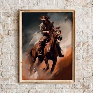 Cowboy Riding a Stallion | Printable Wall Art | Downloadable | Vintage Home Decor | Horse Art | Rustic Cowboy Painting