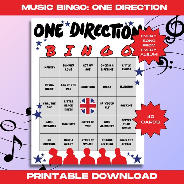 One Direction Bingo, 1D Merch, One Direction, Party Games, Printable, Instant Download, Printable Party Games, Trivia Game, Music Trivia