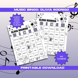 May include: A printable Olivia Rodrigo music bingo card with 25 squares featuring song titles and lyrics from her albums. The card is black and white with purple accents. The text "MUSIC BINGO: OLIVIA RODRIGO" is at the top of the card. The text "EVERY SONG FROM EVERY ALBUM!" is in a circle at the top left of the card. The text "20 CARDS!" is in a circle at the bottom right of the card. The text "PRINTABLE DOWNLOAD" is at the bottom of the card.