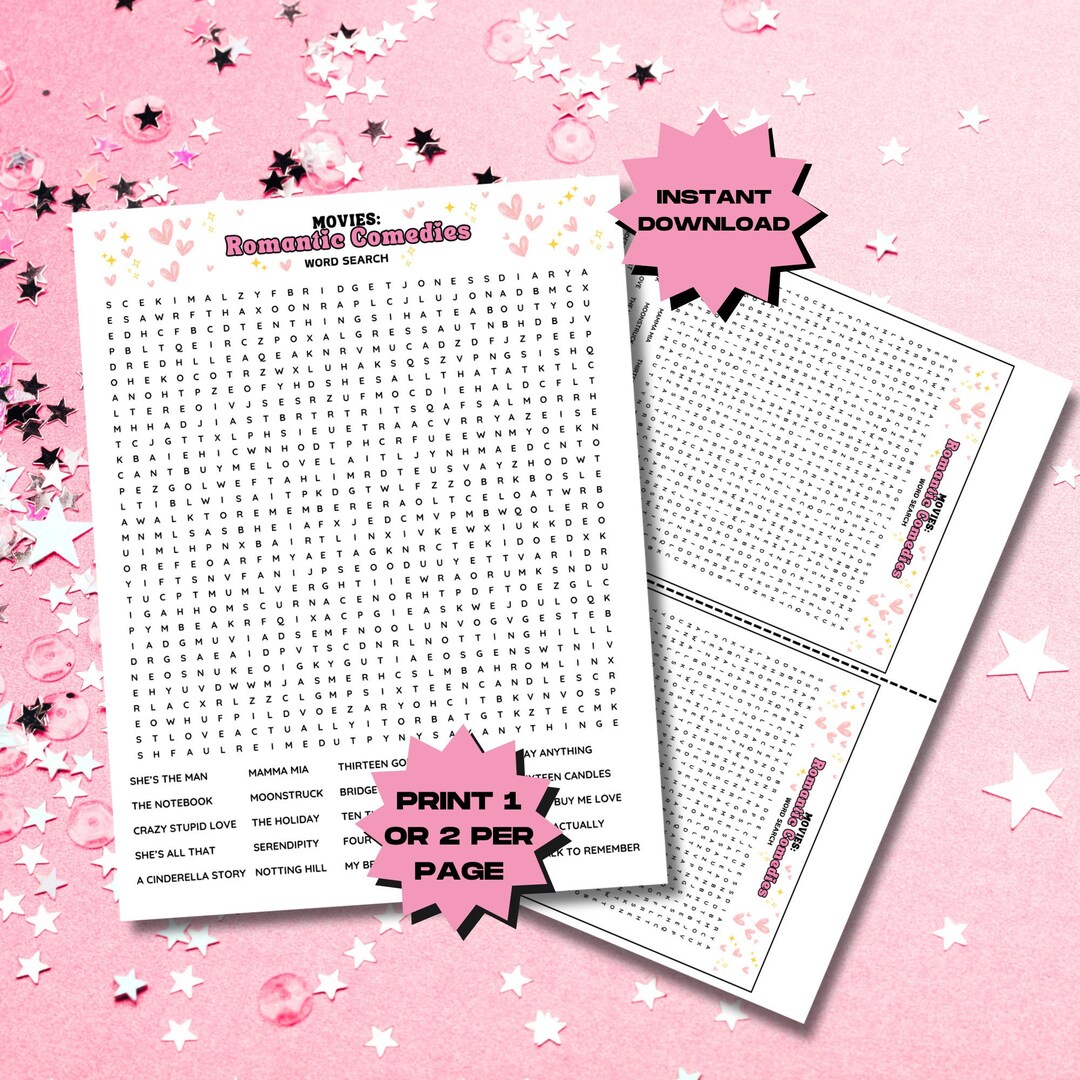 Romantic Movies Word Search, Rom Coms, Bachelorette Party Games ...
