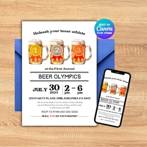 May include: Invitation to the First Annual Beer Olympics, a team drinking competition. The invitation features a graphic of three beer mugs with gold medals and the date July 30, 2024. The event will be held at 1234 Party Place, Philadelphia, PA 19103.