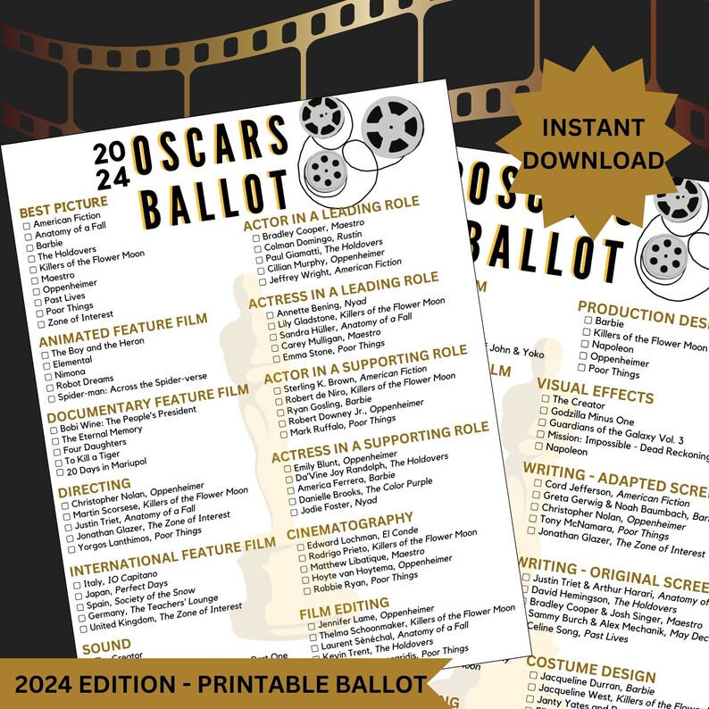 2024 Oscars Ballot, Oscars Predictions, Printable, Instant Download