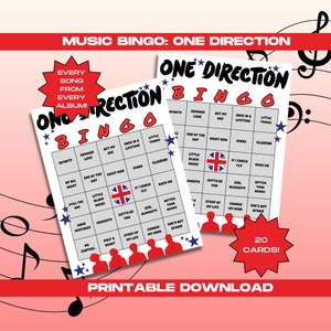 Może przedstawiać: Drukowana karta do gry w bingo One Direction z 25 polami zawierającymi tytuły piosenek z albumów zespołu. Karta ma kolorystykę czerwono-biało-niebieską z flagą Unii Jack w środku. Tekst "20 KART!" znajduje się w czerwonej formie gwiazdy u dołu karty.