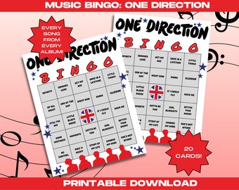 Op de afbeelding: Een printbare One Direction Bingo-kaart met 25 vakjes met daarin songtitels van de albums van de band. De kaart heeft een rood-wit-blauw kleurenschema met een Union Jack-vlag in het midden. De tekst "20 KAARTEN!" staat in een rode stervorm aan de onderkant van de kaart.