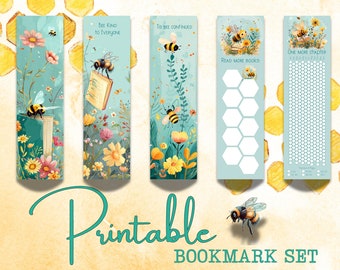 5 Bookmarks PRINTABLE Bee Reading Tracker Cute Flower Aesthetic Booktok Merch Women Reading Nook Decor Digital Bookmark Teacher Classroom