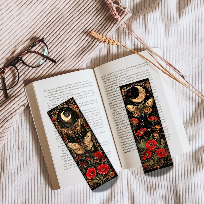 Printable Digital Bookmark Set | Celestial Moths | Dark Academia Aesthetic | Halloween Bookmarks | 4 PNG Files | Instant Download ZIP