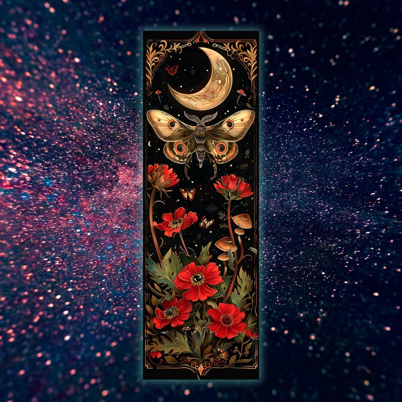 Printable Digital Bookmark Set | Celestial Moths | Dark Academia Aesthetic | Halloween Bookmarks | 4 PNG Files | Instant Download ZIP