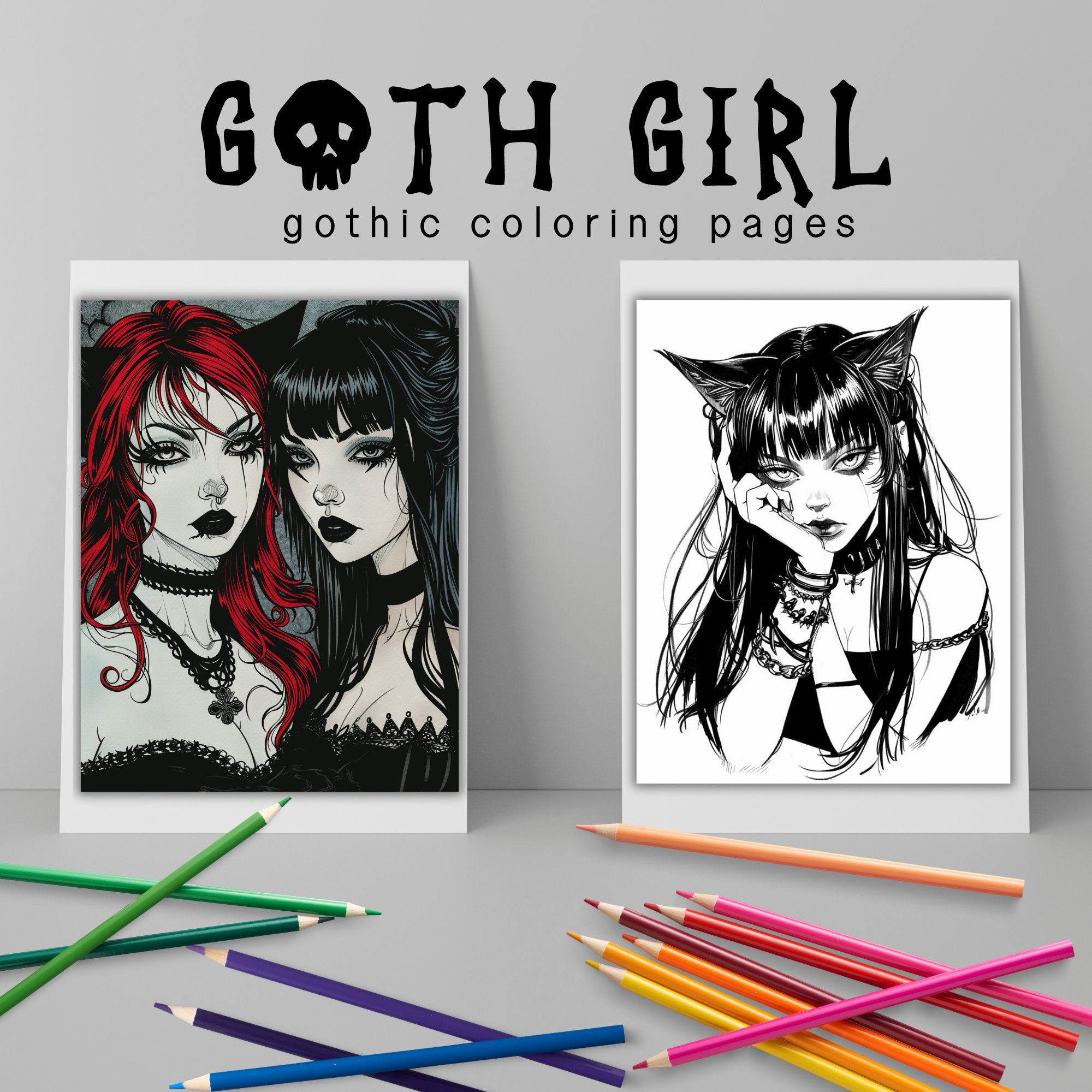 Goth Girl Horror Anime Digitales Malbuch – 40 Dark-Romance-Emo-Manga-Seiten für Erwachsene, zum Drucken & für Procreate