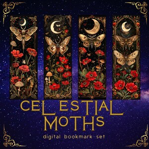 Printable Digital Bookmark Set | Celestial Moths | Dark Academia Aesthetic | Halloween Bookmarks | 4 PNG Files | Instant Download ZIP Witchy