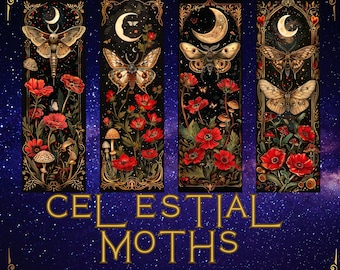 Printable Digital Bookmark Set | Celestial Moths | Dark Academia Aesthetic | Halloween Bookmarks | 4 PNG Files | Instant Download ZIP Witchy