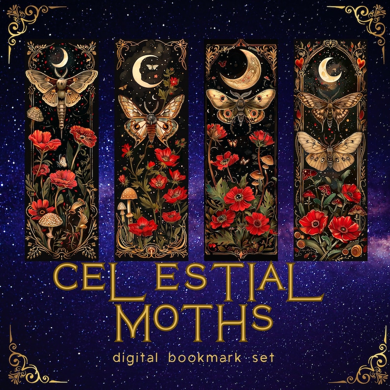 Printable Digital Bookmark Set | Celestial Moths | Dark Academia Aesthetic | Halloween Bookmarks | 4 PNG Files | Instant Download ZIP