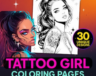 Tattoo Coloring Pages 30 | Digital Coloring Book | Girls with Ink PNG Instant Download | Tattoo Art | Teen Coloring Pages | Adult Coloring