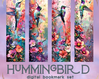 Printable Digital Bookmark Set | Hummingbirds | Floral Watercolor Aesthetic | 4 PNG Files | 2x7 Inch Nature Bookmarks | Instant Download ZIP