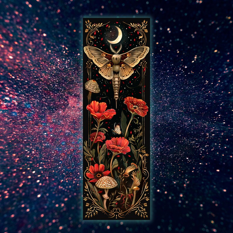 Printable Digital Bookmark Set | Celestial Moths | Dark Academia Aesthetic | Halloween Bookmarks | 4 PNG Files | Instant Download ZIP