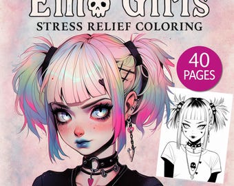 Goth Girl Teen Coloring Book - 40 Digital Pages - Emo Pastel Gothic Horror Sketches - Anime Fashion Illustrations Aesthetic Printable PNGs