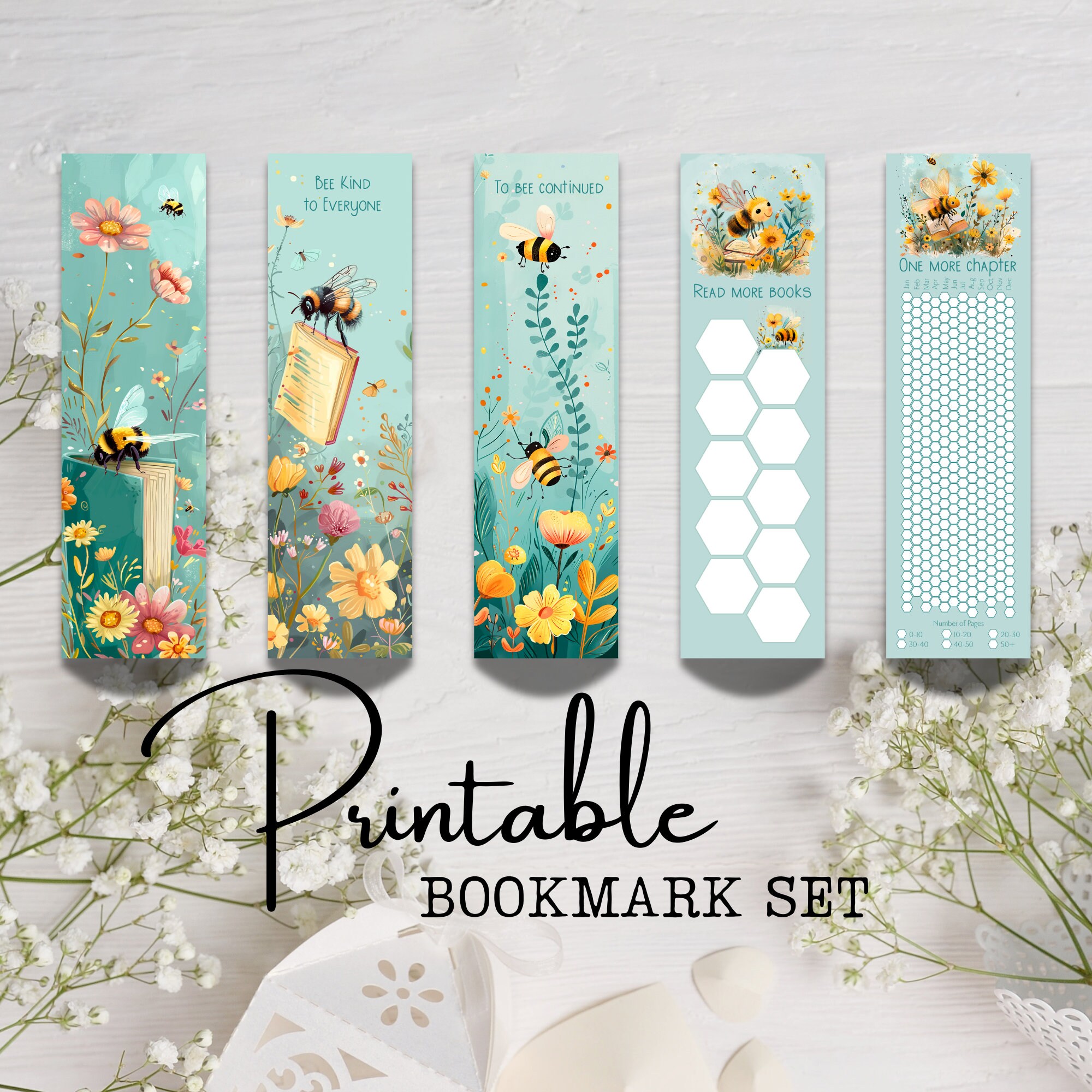 5 Bookmarks PRINTABLE Bee Reading Tracker Cute Flower Aesthetic Booktok ...