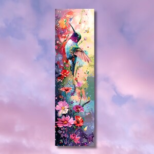 May include: A colorful hummingbird with iridescent blue, green, and red feathers is perched on a branch with pink and purple flowers. The background is a watercolor wash of pink, blue, and yellow.